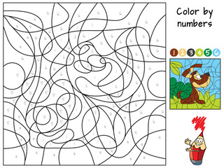 Funny little dog. Color by numbers. Coloring book