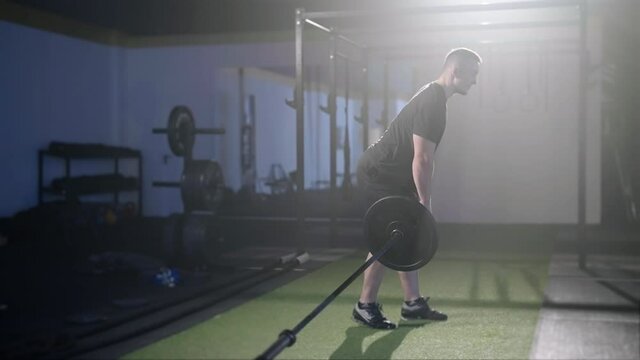 Fitness man train Landmine single leg romanian dead lift Weightlifting 4K