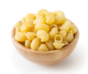 Uncooked pipe rigate pasta in wooden bowl isolated on white background with clipping path