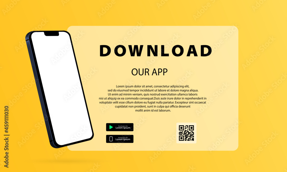 Poster download page of the mobile app. download buttons with scan qr code template. 3d perspective. downlo