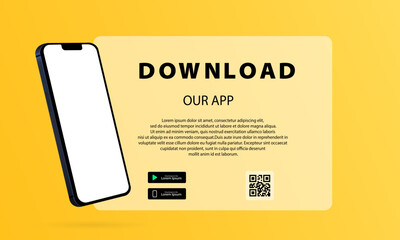 Download page of the mobile app. Download buttons with scan qr code template. 3D perspective. Download our new app ,Mobile App. Load buttons. Download our App, background.