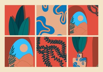 Set of vector illustrations of nature, collage. Hand-drawn, trendy. Vivid color. Collection of modern art poster.