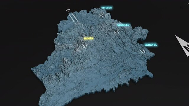 Seamless looping animation of the 3d terrain map at nighttime of Belarus with the capital and the biggest cites in 4K resolution
