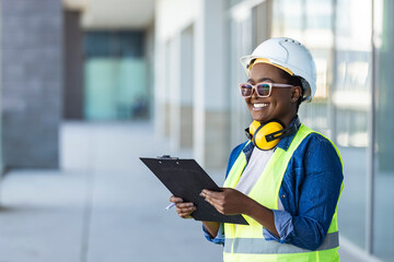 Portrait of adult female builder, engineer, architect, inspector, manager at construction site. Woman with plan, clip board.