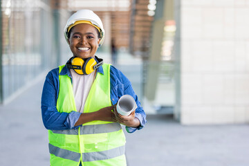 Portrait of woman engineer at building site looking at camera with copy space. Mature construction...