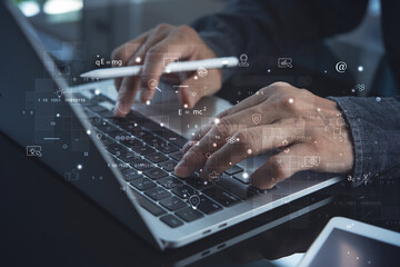 IoT, Internet of Things, global network, E-learning, online study concept. Business man working on laptop computer and digital tablet with technology icons