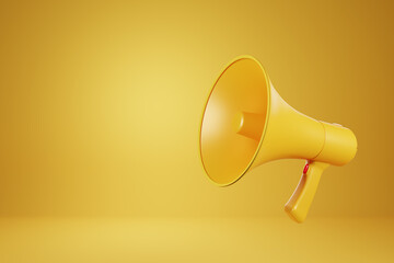 Realistic yellow megaphone or bullhorn speaker Isolated modern megaphone speaker on yellow background - 3D rendering.