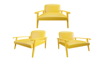 Three yellow armchairs bright colors isolated on a blank white background 3D rendering simulation