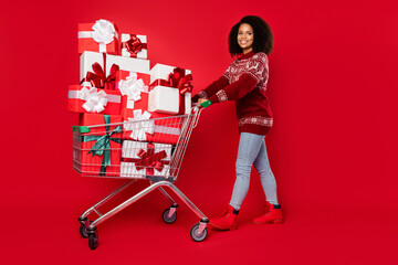 Photo of pretty charming woman dressed print sweater smiling buying presents isolated red color...