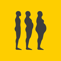 Stages of obesity of man. Silhouettes of person with different age from slim to overweight