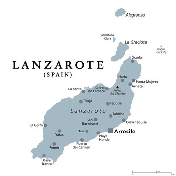 Lanzarote, gray political map with capital Arrecife. Northernmost and easternmost island of Canary Islands, an archipelago and autonomous community of Spain, in Atlantic Ocean off the coast of Africa.