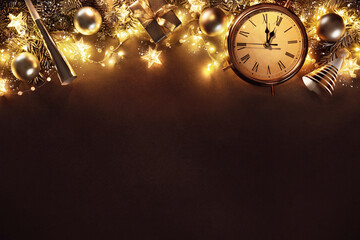 New Years Eve holiday background with fir branches, clock, christmas balls, gift box and lights