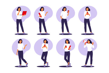 Businesswoman set with different postures. Vector illustration. Flat.