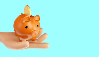 Saving money concept. Money transfer to piggy bank. 3d illustration