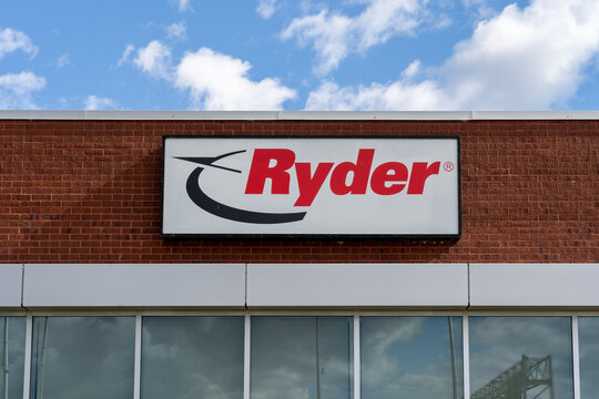 Montreal, QC, Canada - September 3, 2021: Close up of Ryder sign on the building in Montreal, QC, Canada. Ryder (Ryder System Inc.) is an American transportation and logistics company.
