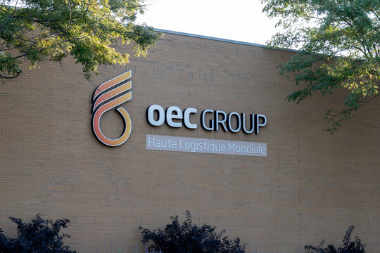 Montreal, QC, Canada - September 6, 2021: Close up of OEC Group on the building in Montreal, QC, Canada. OEC Group is a NVOCC freight forwarding company based inTaiwan.