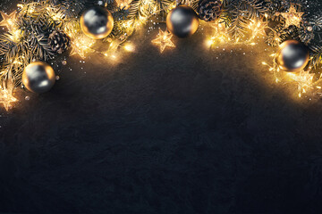 Christmas and New Year background with fir branches, christmas balls and lights