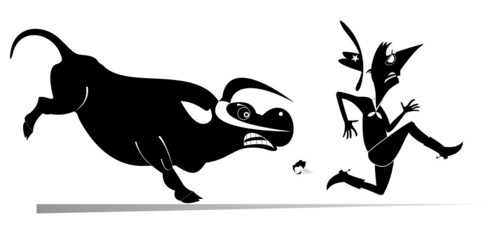 Farmer or cowboy and angry bull illustration. 
Frightened farmer or cowboy runs away from the angry bull black on white
