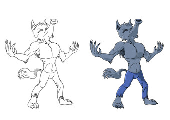 Howling cartoon werewolf. Includes an outline for coloring. EPS 10