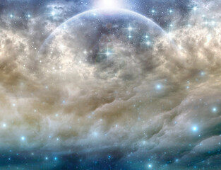 abstract spiritual universe angelic mystic mystical background with stars, clouds, planet and galaxy with copy space 