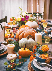 Thanksgiving celebration traditional dinner setting food concept. Festive decoraded table