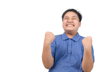 Obese fat boy smile and feel glad or satisfied face isolated