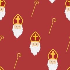 Red background for Saint Nicholas day wrapping paper concept. Seamless vector illustration pattern of Dutch holiday Sinterklaas holidays.