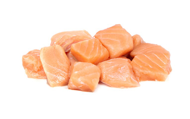 diced salmon fillet isolated on white background.