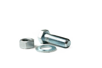 several large bolts and nuts on a white background