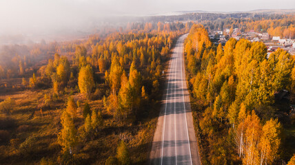 Naklejka na ściany i meble Natural background, aerial view. Autumn nature in the forest and the road passing through it.