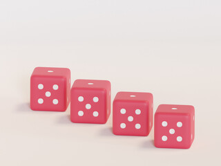 3d rendering dice with black dots hanging in half turn showing different numbers. Lucky dice. Board games. Money bets.