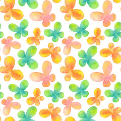 Orange and green watercolor butterflies seamless pattern. Flying, abstract insects on a white background