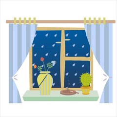 vector image of a succulent and a vase with flowers  on a windowsill with a view on a rain. Image of cozy rany evening spent at home