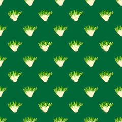 Seamless pattern frisee salad on teal background. Simple ornament with lettuce.