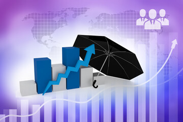 3d illustration business graph with rising arrow and umbrella  concept
