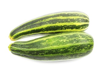 On a white background, two striped zucchini in the center close-up