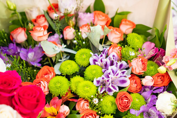 top view. bouquet of colorful bright fresh flowers. traditional gift for a woman