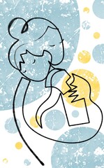 Hand drawn portrait of Mother holding a baby boy and hugging him tenderly. Digital abstract art created with black waxy pencil and grunge circles of yellow and blue color. Minimal simple line art.