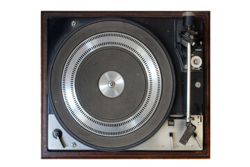 Vintage LP record player turntable from above cutout with white background