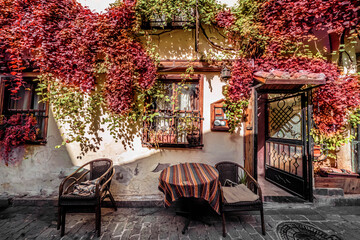 Fototapeta na wymiar autumn mood, The facade of an old building in Antalya, Kaleichi district. vintage warm facade with green, yellow and red autumn leaves in early autumn. a beautiful courtyard, the charm of European