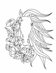 Portrait of a horse with a mane and a flower wreath. Black and white vector illustration, coloring book.