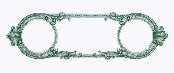 U.S.A. 1 dollar border with empty middle area. Clear One dollar side banknote pattern for your picture or text. U.S. 1 highly detailed dollar banknote. on a white background.