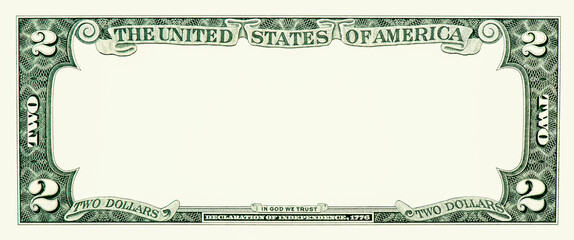 U.S.A. 2 dollar border with empty middle area. Clear Two dollar side banknote pattern for your...