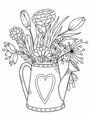 Garden watering can with a bouquet of flowers. Black and white vector illustration, coloring book.
