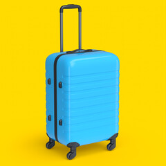 Small blue polycarbonate suitcase isolated on yellow background.