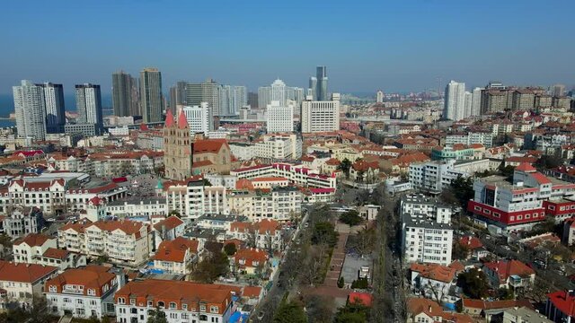 Aerial photography of Qingdao coastline city architecture skyline