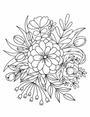 A bouquet of flowers for coloring painted on top. Black and white vector illustration, coloring book.