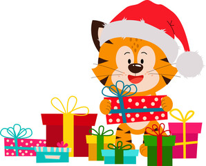 Vector cute and funny tiger cub with gift boxes. Clipart for congratulations on the new year and birthday. A flat drawing in a cartoon style. vector illustration. The Year of the Tiger.