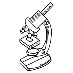 Microscope hand drawn vector doodle illustration. Cartoon microscope. Isolated on white background. Hand drawn simple science element