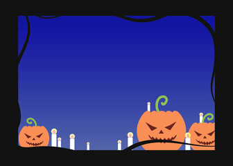 Black halloween frame with bright orange pumpkin head and burning candles vector illustration